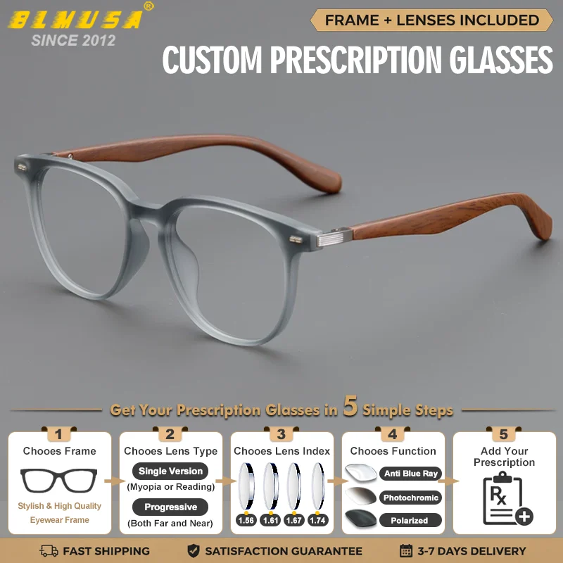 BLMUSA Lunettes de vue pour hommes, mode décontractée, anti-lumière bleue, myopie, monture carrée rétro, verres progressifs photochromiques personnalisés