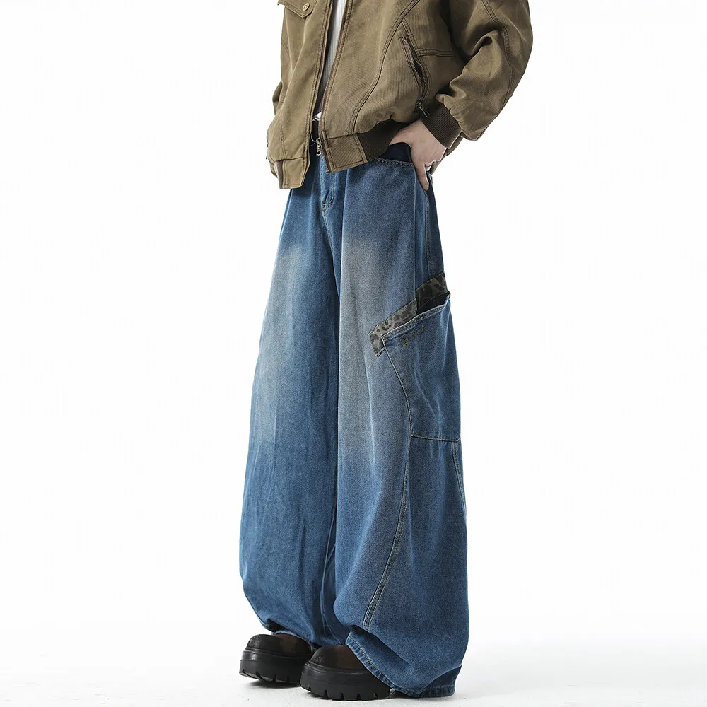 

Men Washed Loose Wide Leg Jeans Patchwork Side Pockets Streetwear Casual Denim Pants Fashion Trendy Comfort Vintage Distressed