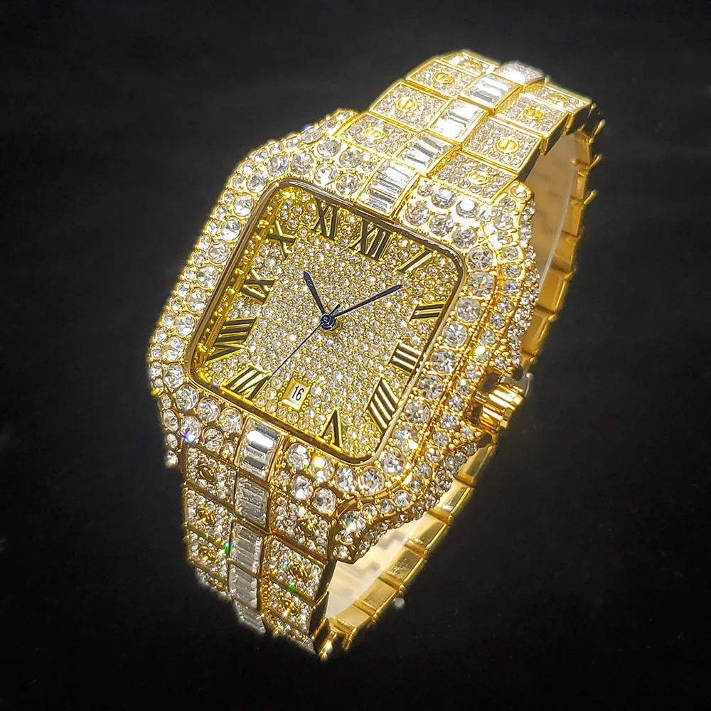 Luxury Original Brand Men Watch Fashion Bling Diamond Inlay Square Wristwatch Hip Hop Iced Out Man Jewelry Clock Dropshipping