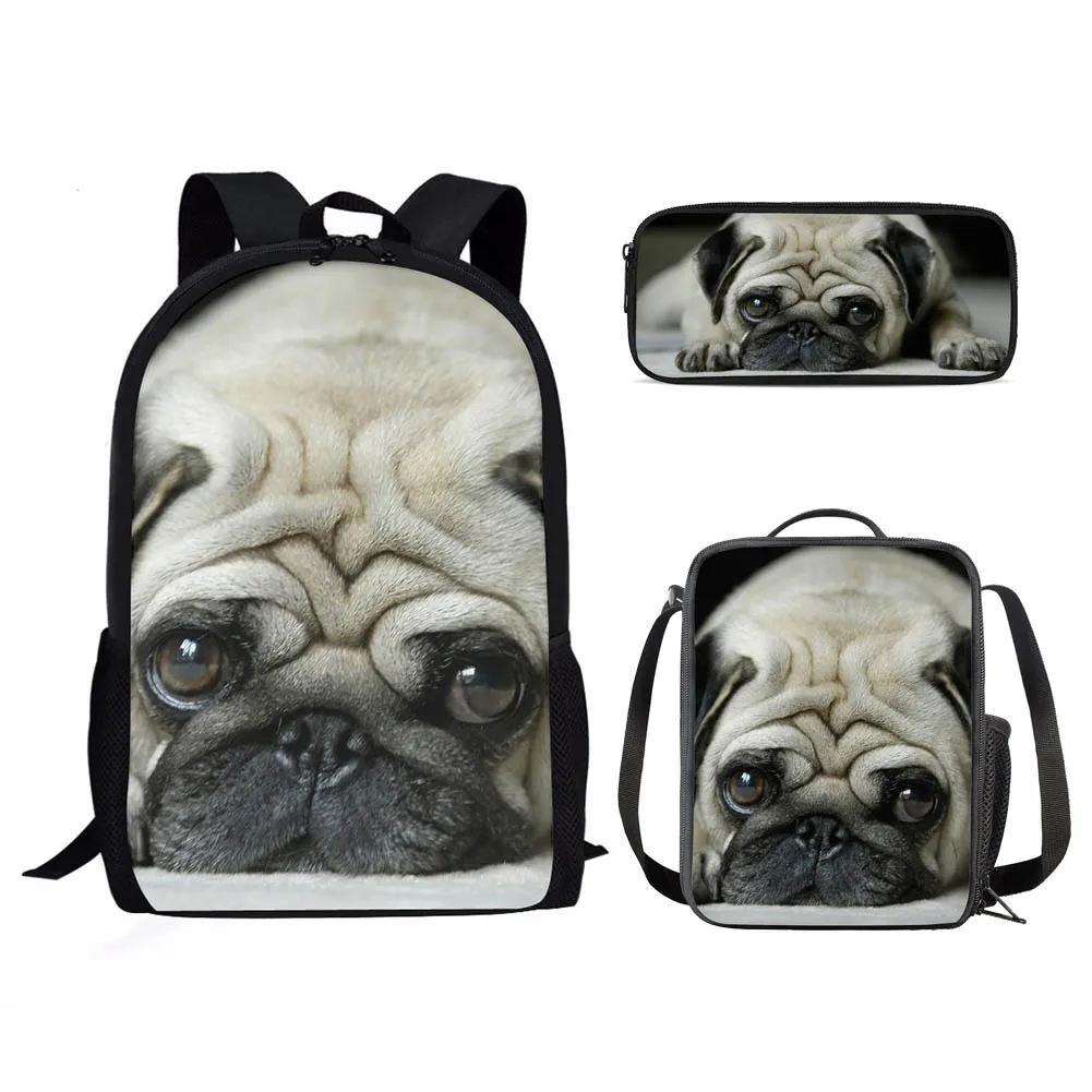 Cute Husky Dog Bulldog Print 3Pcs School Bag Set for Teenager Boys Girls Student Daily Campus Book Bag with Lunch Bag Pencil Bag