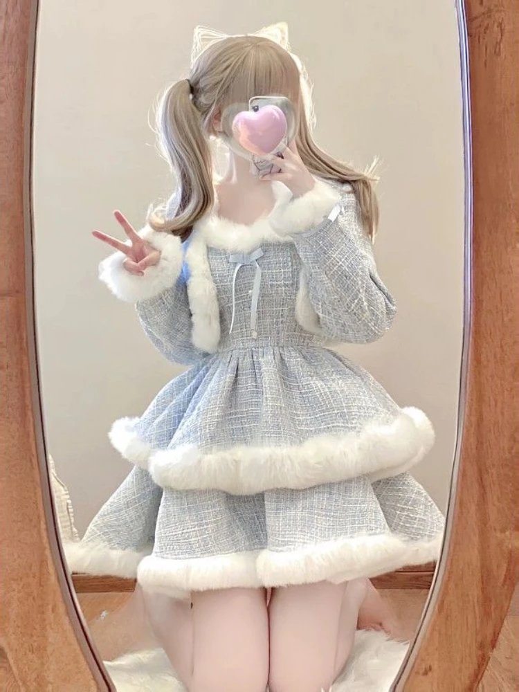 2023 Winter Kawaii Lolita 2 Piece Dress Set Sweet Short Coat Warm + Cute Fashion Y2k Mini Dress Party Japanese Style Suit Woman