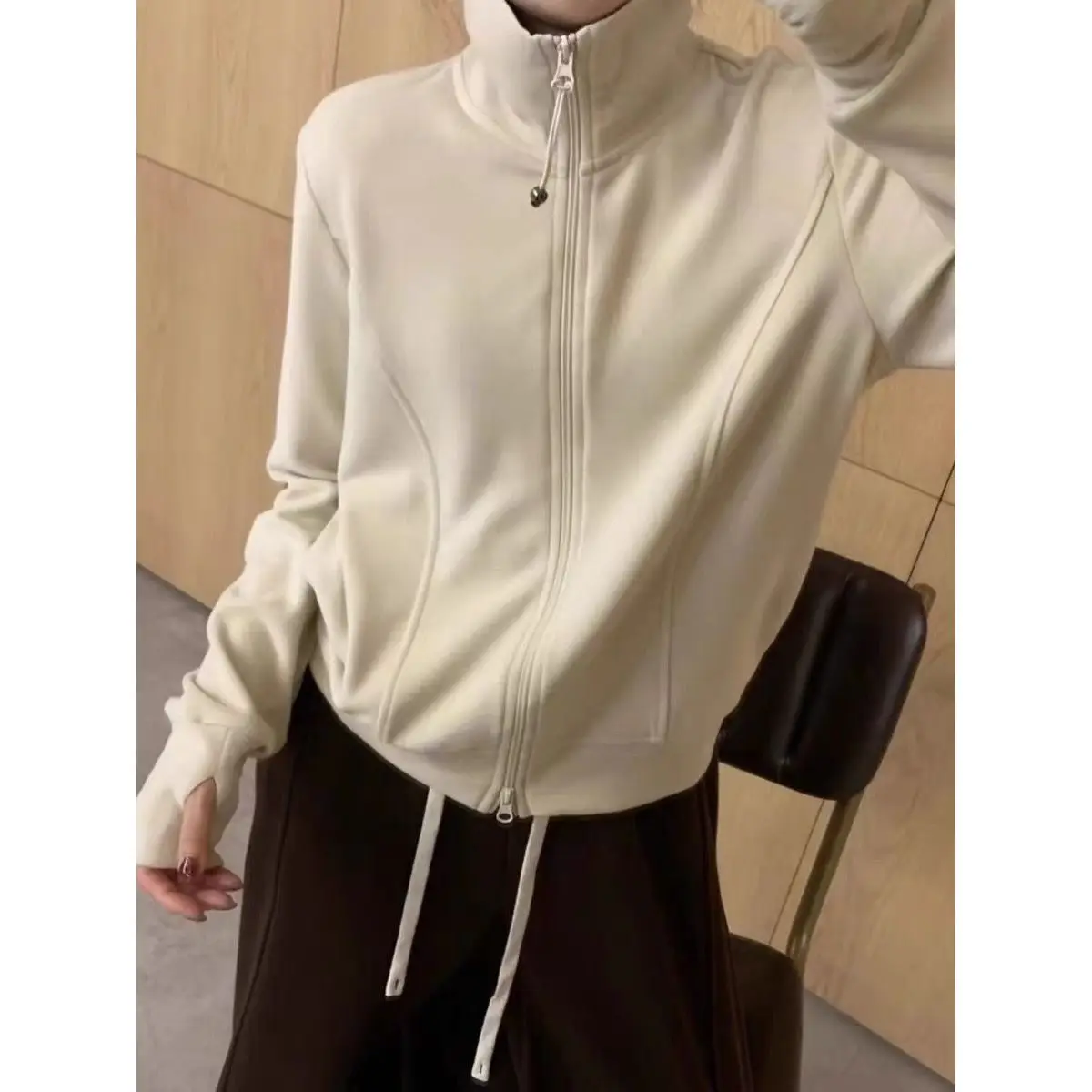 Fashionable Korean Style Zipper Stand Collar Long Sleeve Sweatshirt Women's Casual Versatile Cardigan Coat Trendy Autumn Poly...
