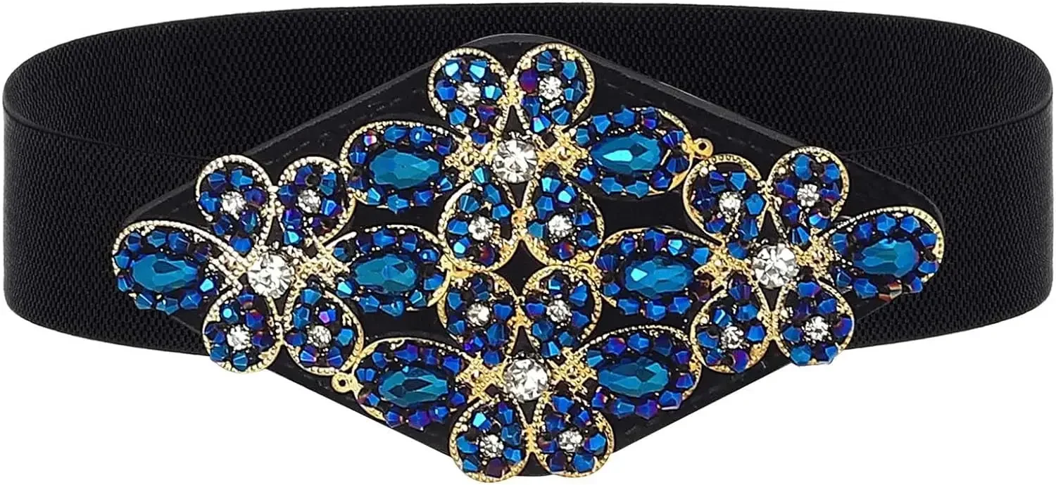 Stretch Rhinestone Belt Black Wide Women Blue Belts Elastic Flower Waist Jewelry Accessories for Dress