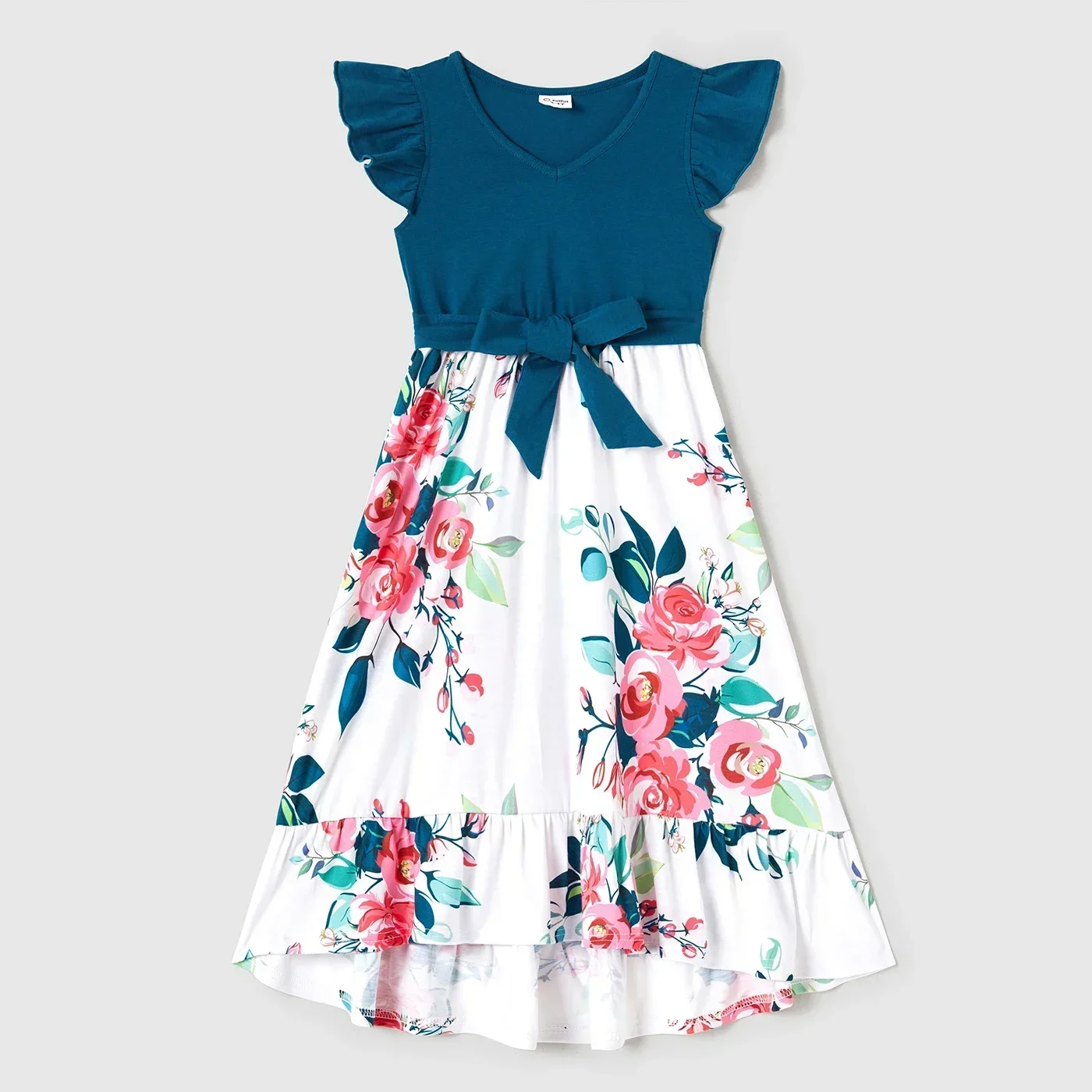 PatPat Brothers and Sisters Outfits V Neck Flutter-sleeve Splicing Floral Print Dresses Short-sleeve Colorblock T-shirts sets