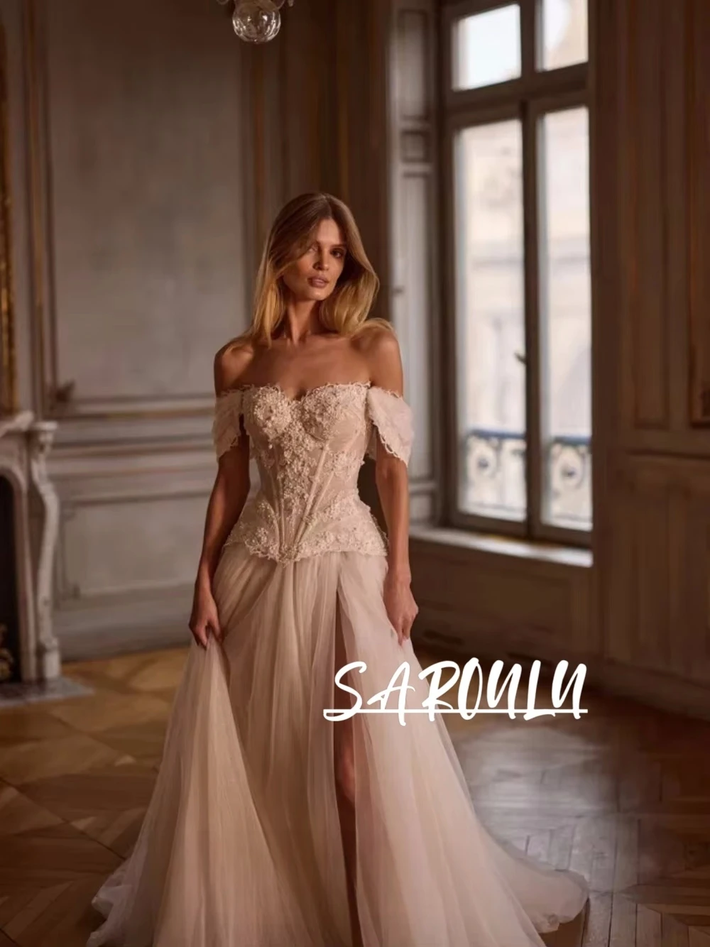 Flowers Romantic Pearls A Line Wedding Dress Fairytale Corset Off-the-shoulder Bridal Gown Customized Elegant Sweet Bride Wear
