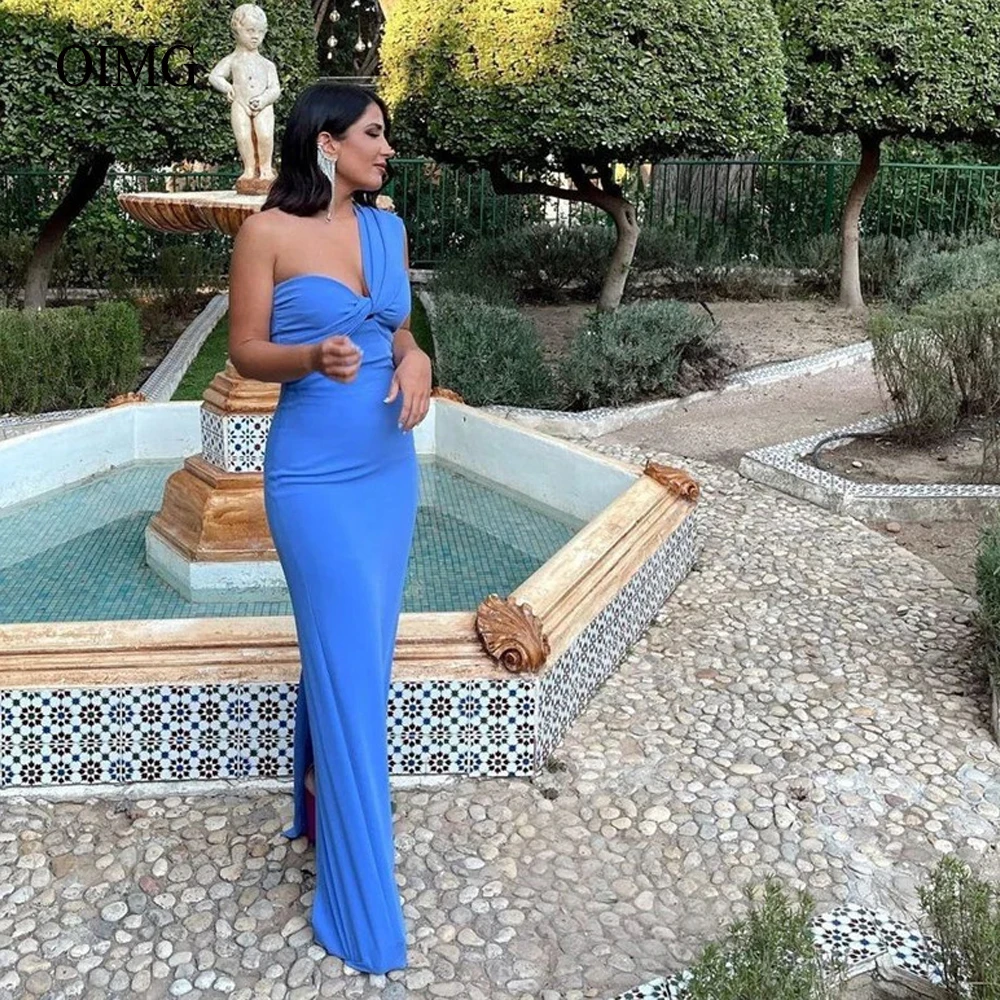 

Sheath Blue Elastic Evening Party Dresse One Shoulder Slit Women Prom Event Occasion Dress Gown Garment Robe De Soiree