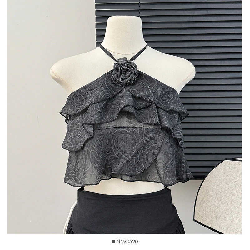 Chic Sweet Floral korean fashion Camis Chiffon Ruffle Crop Top Vacation Print Tank Tops Off Shouler Summer Women halter