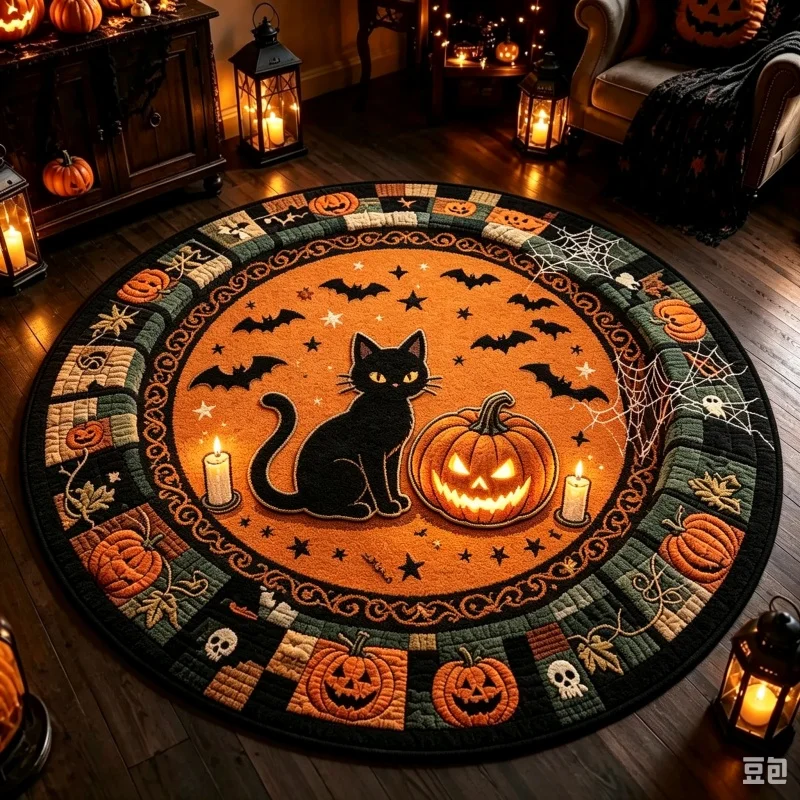 Black Cat Pumpkin Bat Halloween Round Rug, Spooky Printed Circular Floor Carpet, Indoor Living Room Home Decor