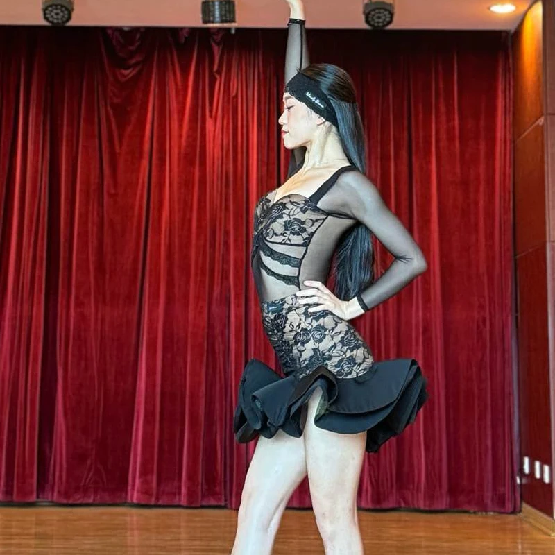 Sexy roupas de dança latina feminina malha manga latina superior saia renda adultos samba chacha traje competição dança latina sl11969