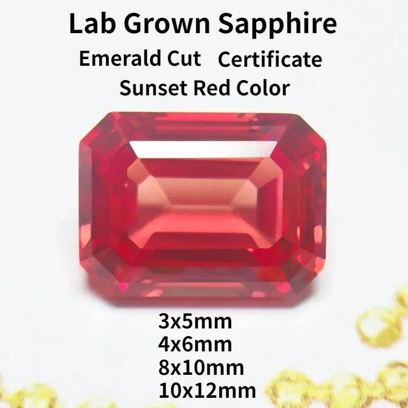 

Top Lab Grown Sapphire Sunset Red Color Emerald Cut VVS1 Gemstone Charms DIY Jewelry Making Materials Selectable AGL Certificate
