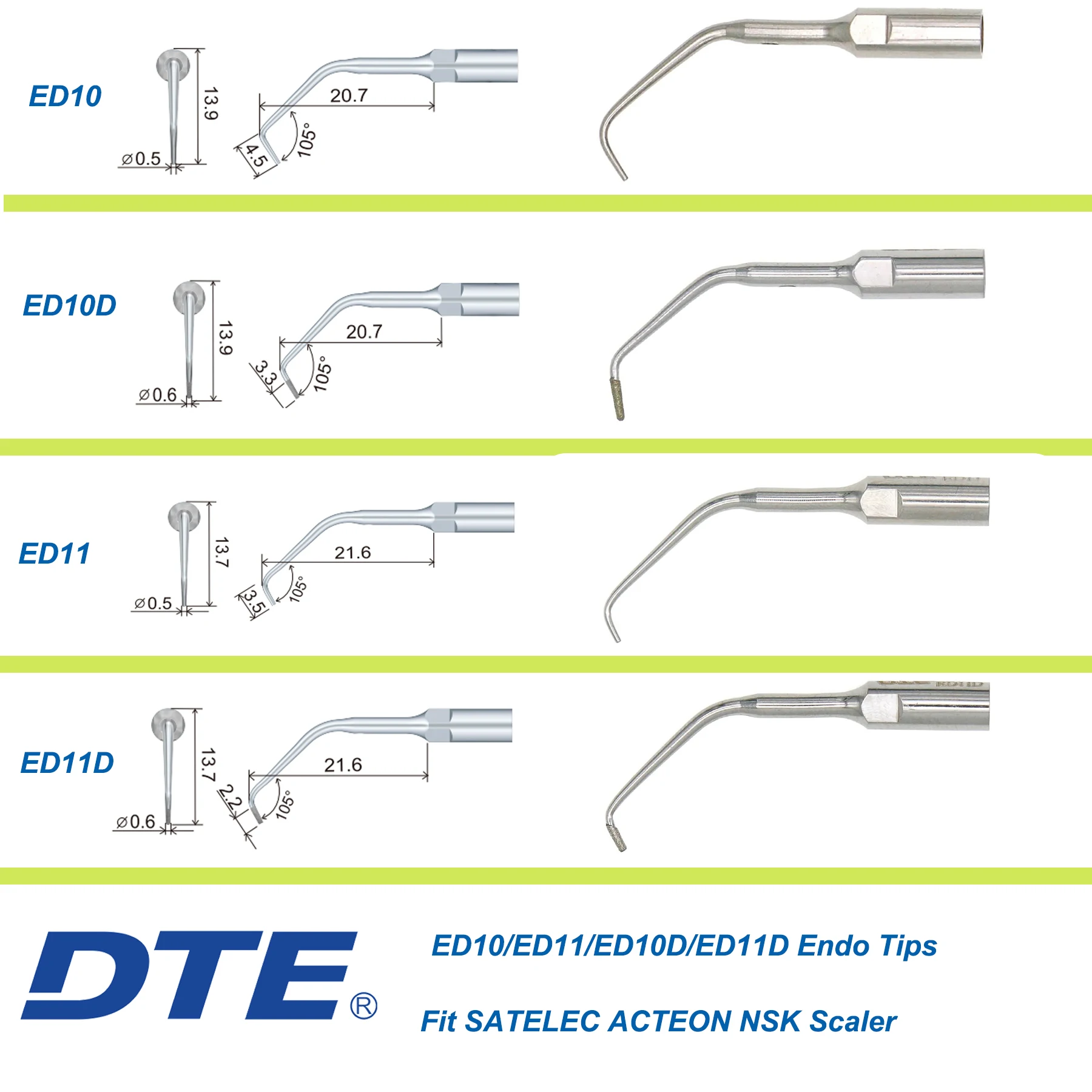 DTE Dental Scaler Tips ED10/ED11/ED10D/ED11D Endo Tips Fit SATELEC ACTEON NSK Ultrasonic Scaler Handpiece