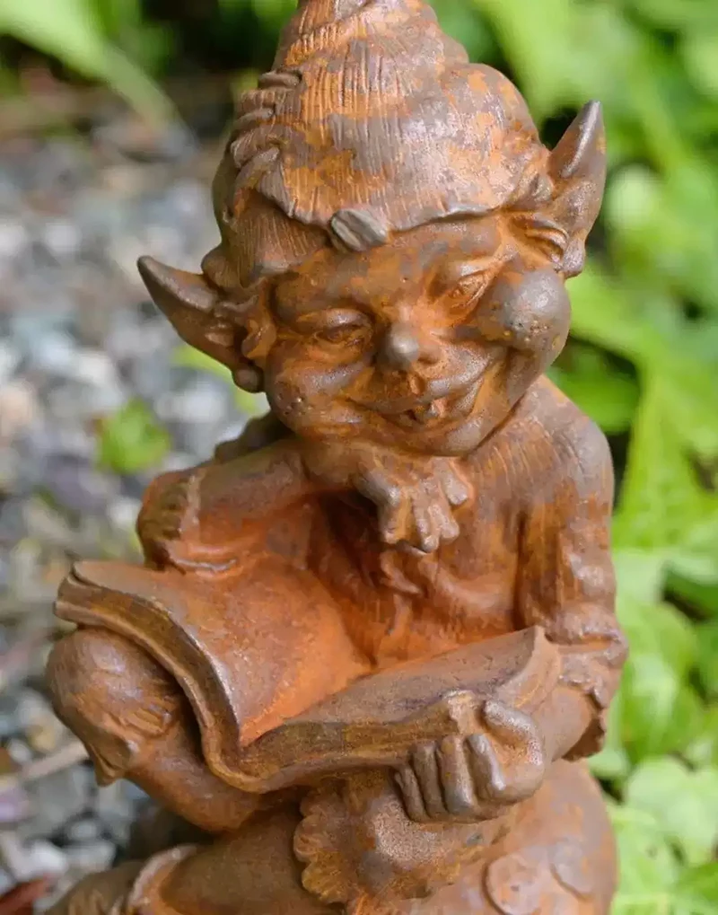 Cast Iron Garden Gnome Ornament Rustic Pixie With Book Statue Heavy Duty Farmhouse Style Handmade Christmas Gnome Sculpture