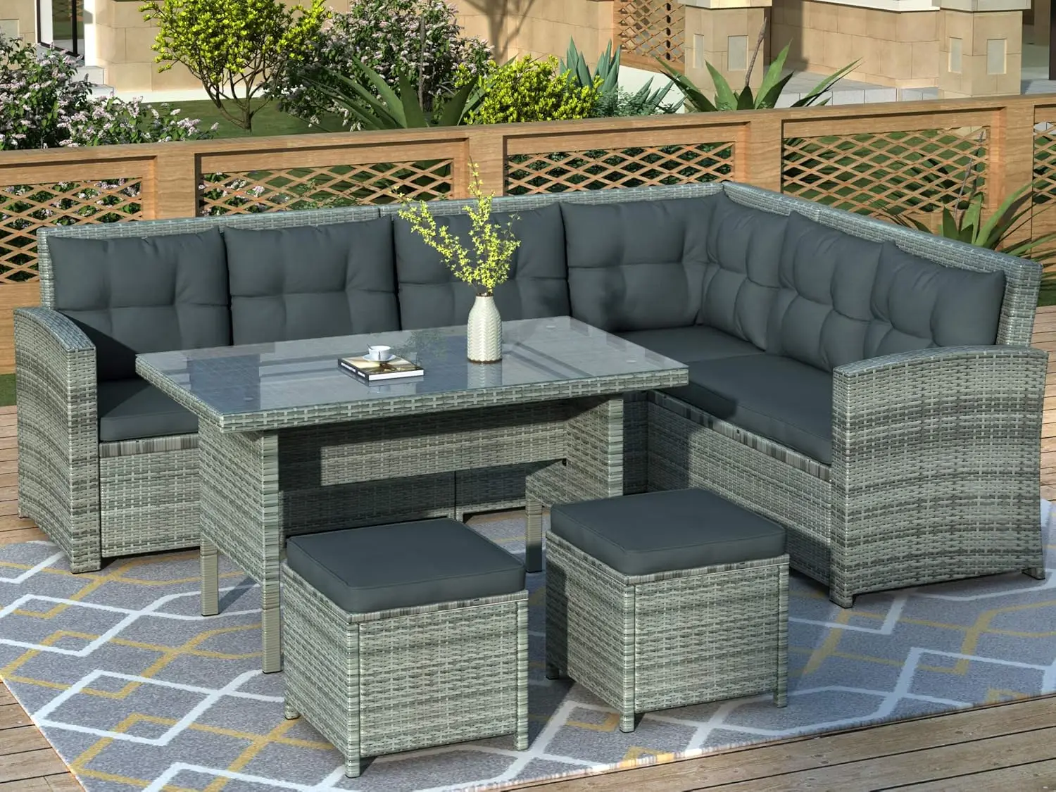 Patio Furniture Set with Coffee Table and 2 Pillows, PE Rattan Outdoor Conversation Sectional Sofa Seating Goup