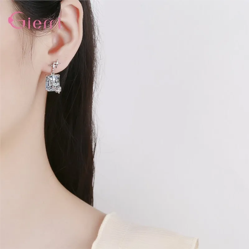 

Pure 925 Sterling Silver Star Dazzling Cubic Zircon Square Geometric Drop Earrings For Women Wedding Jewelry