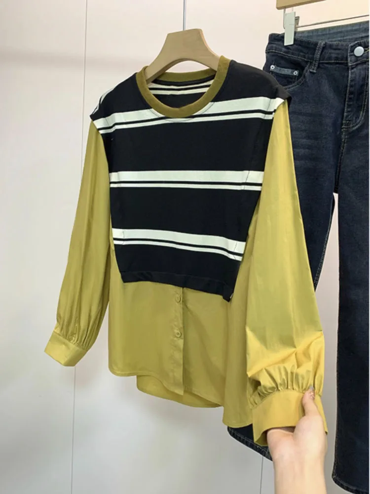 

Round Neck Striped Patchwork Design Sense Blouse Women Autumn Comfortable Oversized Elegant Sense Fashion Vintage Women's Shirt