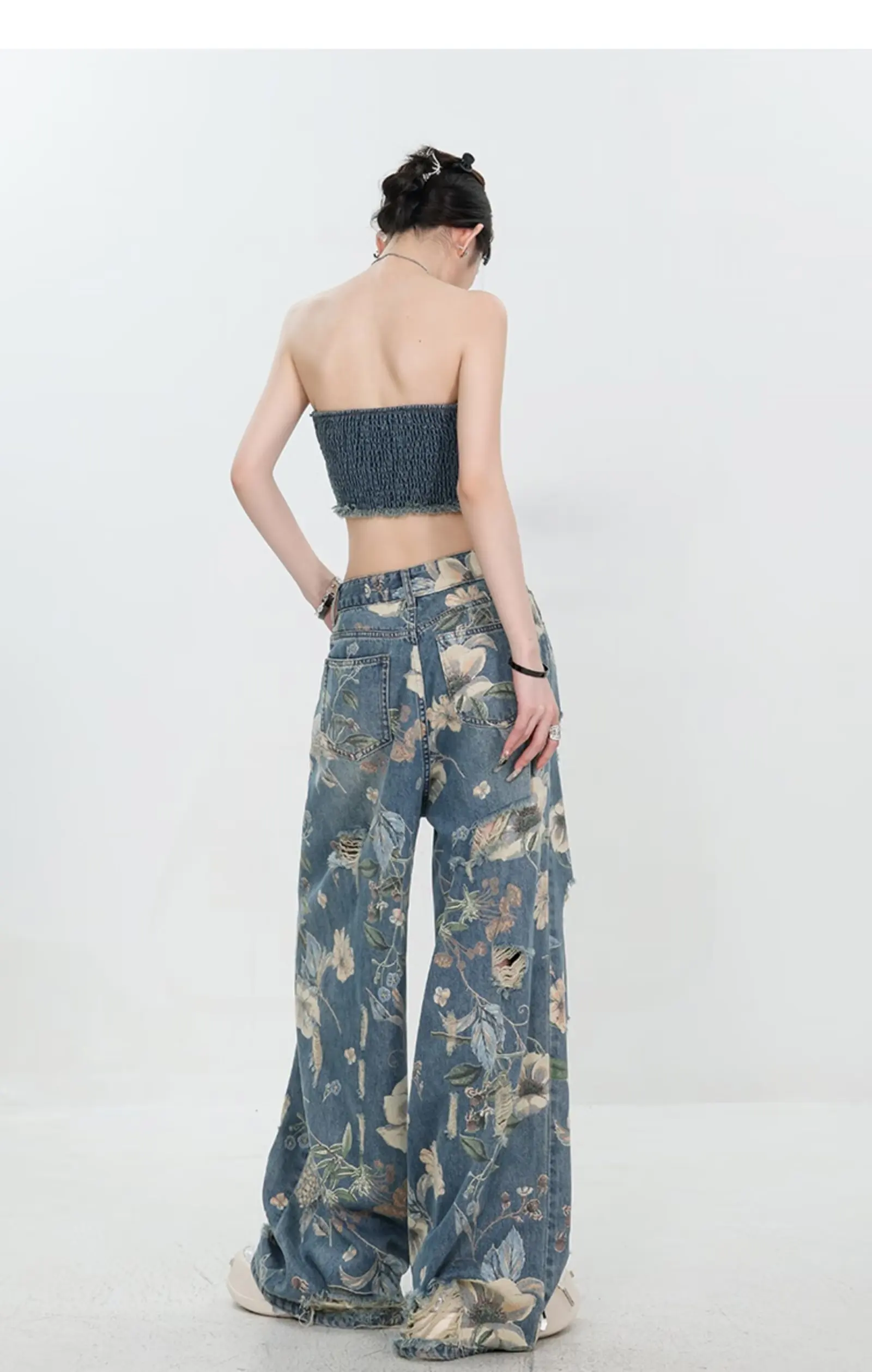 Jeans a gamba larga con fiori strappati da donna vintage estate nuovo stile vita alta elegante aderente Y2K stile Harajuku alla moda
