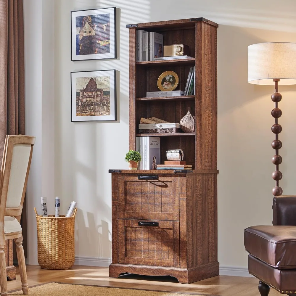 

Luck 72" Tall Bookshelf with 2 File Drawers, Farmhouse 4-Tier Bookcase with Storage, Adjustable Shelves & File Holder, Wood R