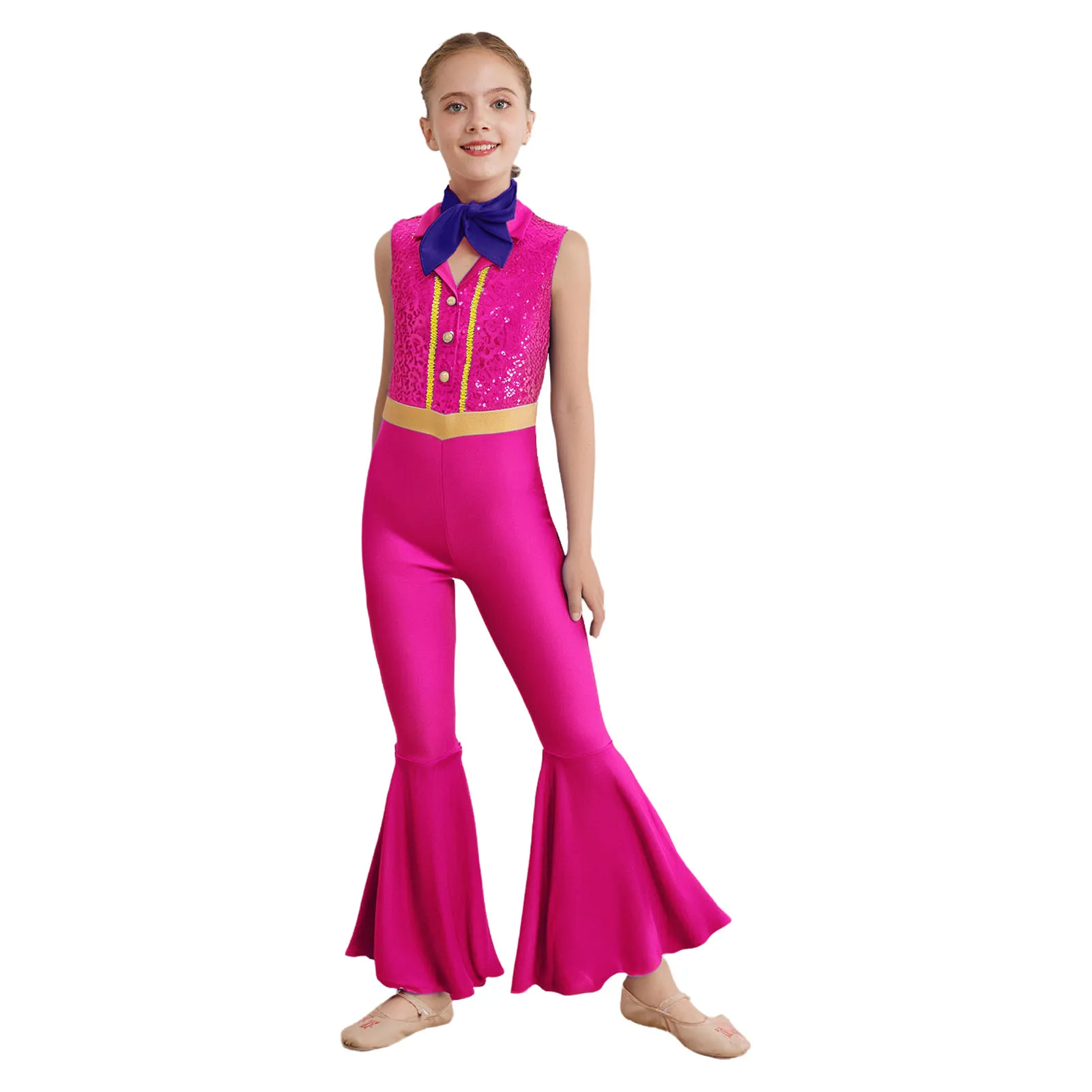 

Kids Girls Slim Fit Flared Pant Disco Jazz Dance Jumpsuit Sleeveless Glittery Leotard with Scarf for Jazz Performance Uniforms