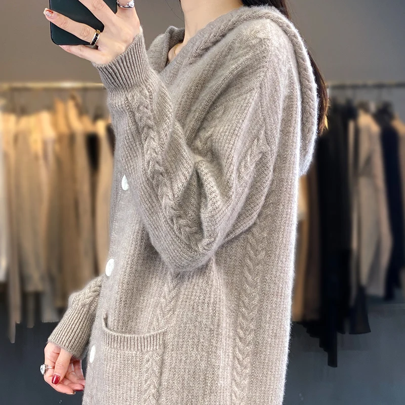 Autumn/Winter Thick Knitted Coat 100% Merino Wool Clothing Top Women\'s Fashion Korean Casual Twisted Hooded Cardigan Warm Jacket