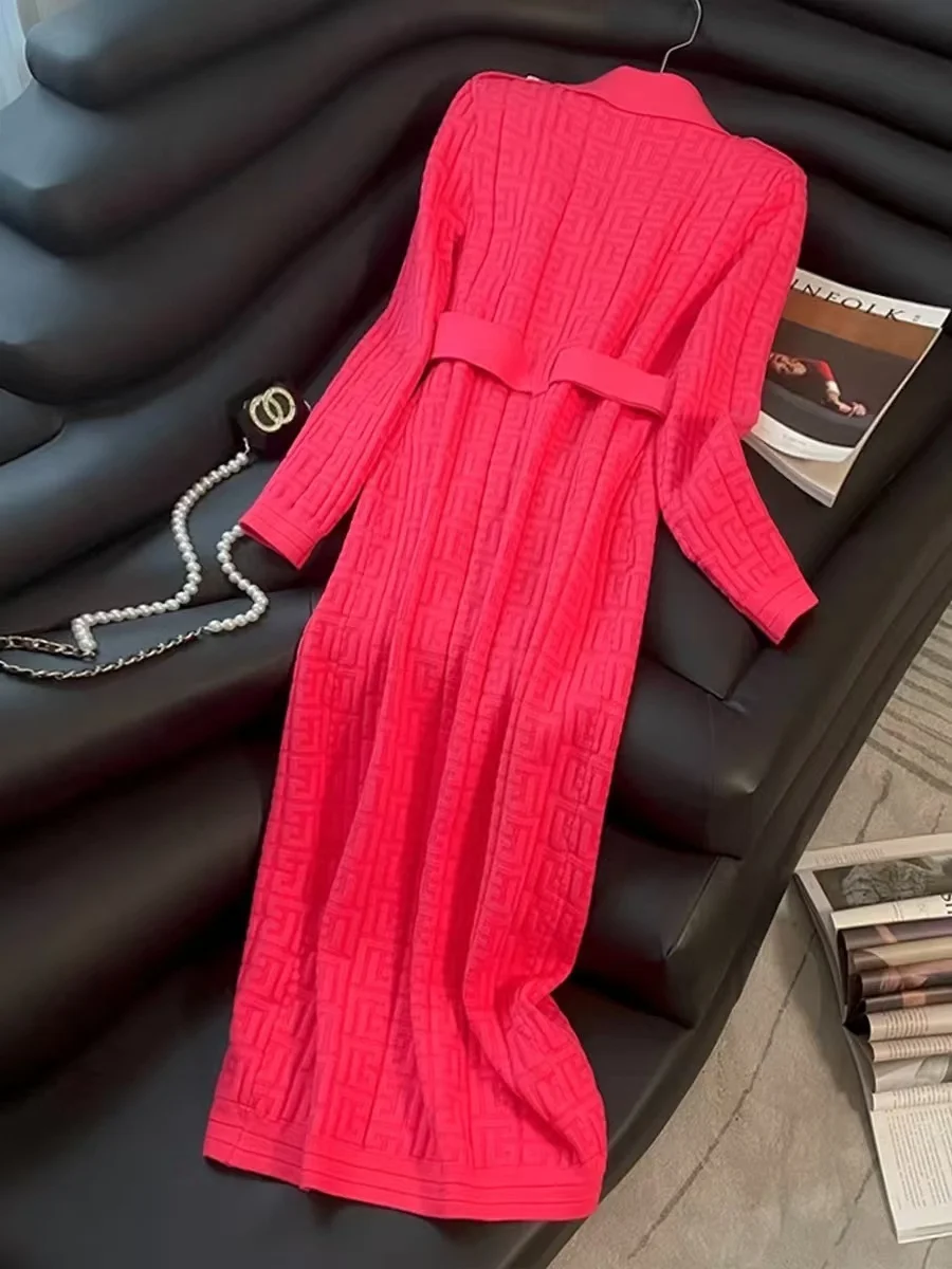 2024 Spring New French Elegant  Knitted Midi Dress Women Fashion Lapel Long Sleeve Belt TwoBreasted Stretch Party Dress Female