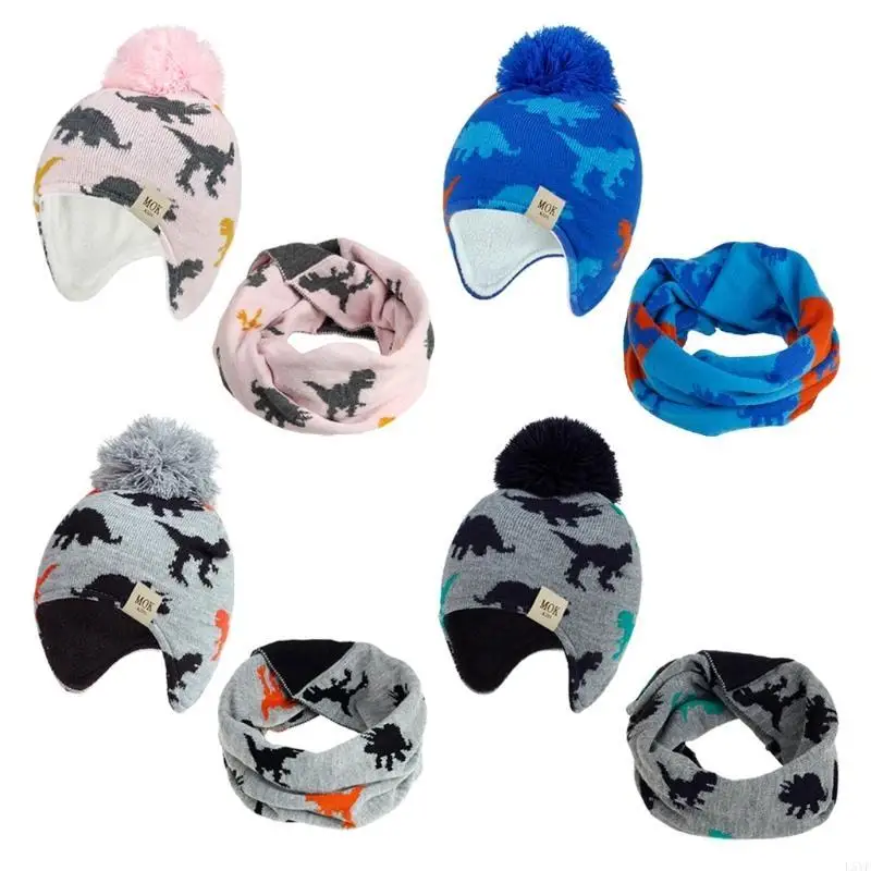 L5YF Girls Knit Hat and Scarf Set Cartoon Dinosaur s Warm Fashion Hat Ear for Protection Supplies for Outdoor Sports