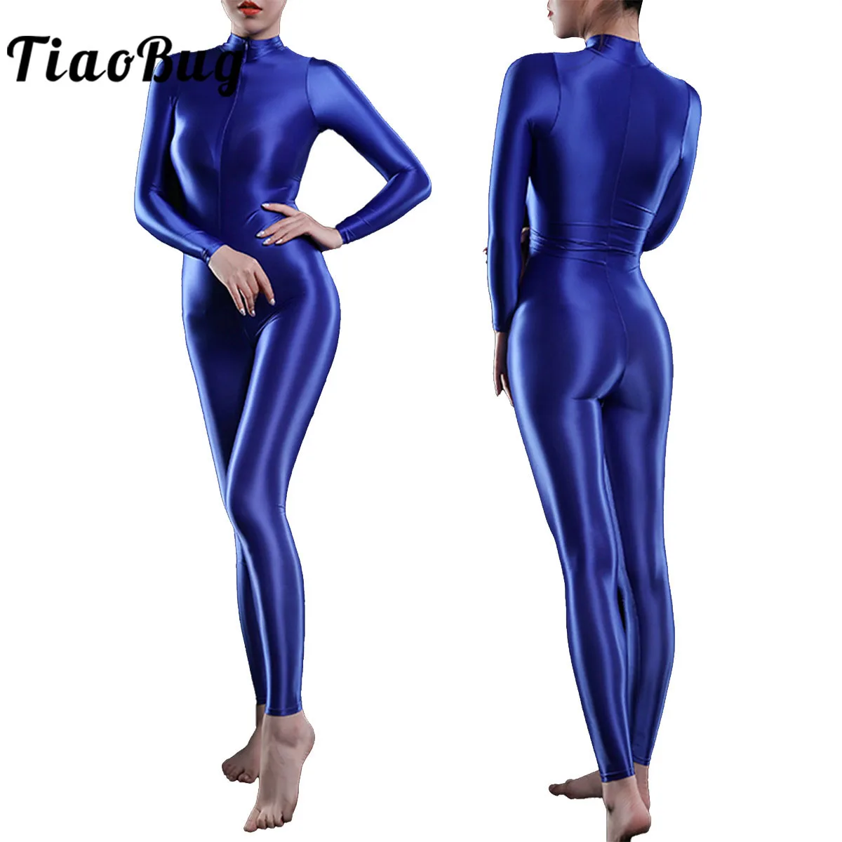 

Womens Glossy Bodysuit Sexy Full Length Smooth High Neck Leotard Jumpsuit Catsuit Shiny Zipper Pole Dancing Clubwear