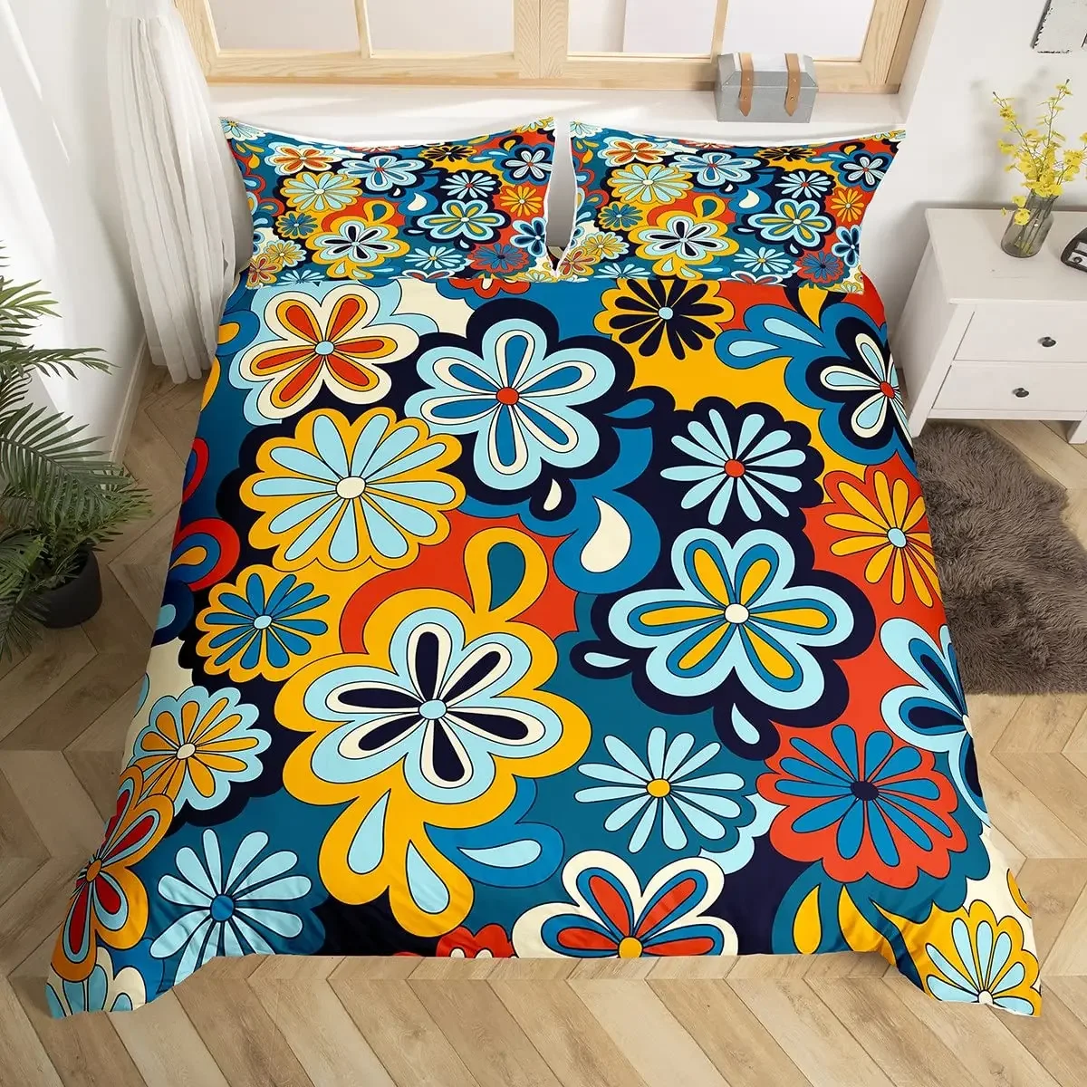 Hippie Flower Duvet Cover Set Boho Mandala Bedding Set Microfiber Groovy Flowers Comforter Cover King for Girls Women Room Decor