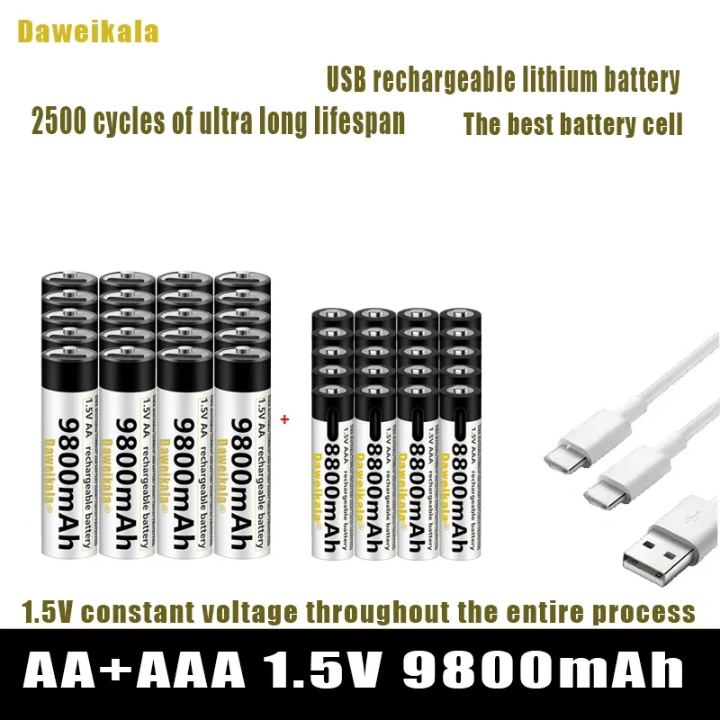 1.5V AA + AAA USB Rechargeable battery  AA 9800mAh/AAA 8800mAh li-ion batteries for toys watch MP3 player thermometer+ Cable