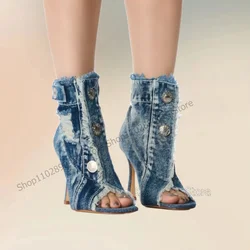 Blue Denim Ruffles Metal Button Sandals Boots Ankle Buckle Strap Women Shoes Thin High Heels Open Toe 2024 Zapatos Para Mujere