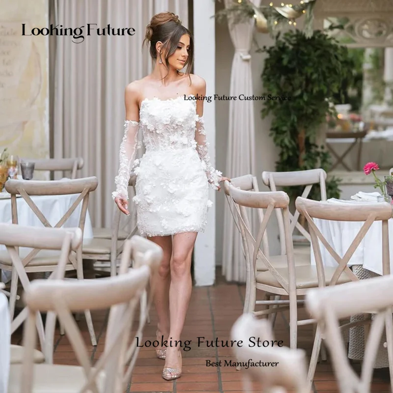 Customized Simple Mini Wedding Dresses Strapless Lace Appliques Bride Dresses Sexy Backless Lace Up Illusion Appliques Formal