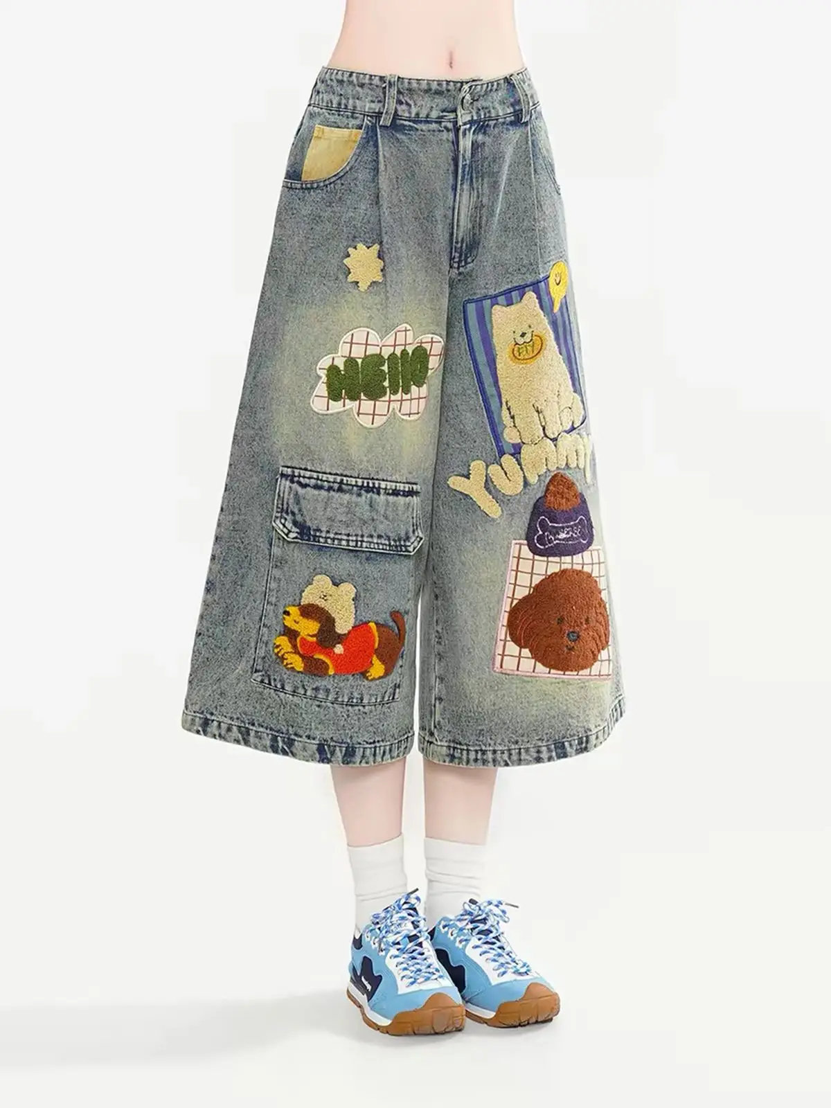 Y2K American Retro Towel Embroidered Puppy Multi Pocket Seven Quarter Jeans Women Summer Loose Shorts