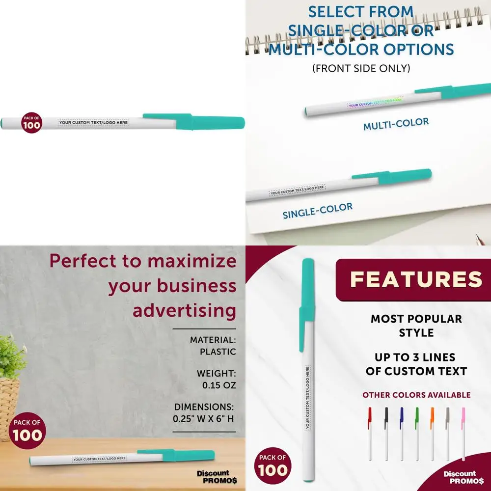 

Bulk Customizable Value Stick Pens, Set of 100 with Personalization, Black Ink, Ideal for Offices, Schools, Businesses, Traditio