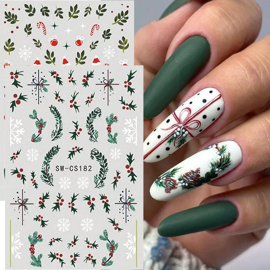 

3D Christmas Nail Art Sticker Snowflake Green Leaves Self Adhesive DIY Winter Decals Slider Year Manicure Decoration