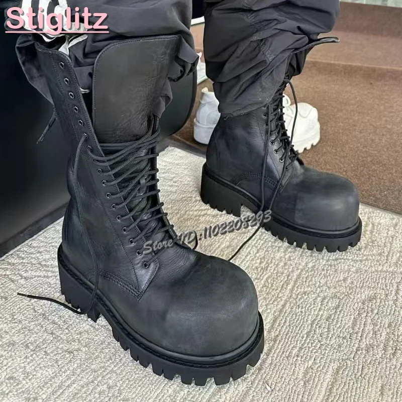 

Black Chunky Heel Platform Work Boots Round Toe Lace-up Mid-calf Motorcycle Boots 2025 Autumn British Men Fashion Casual Shoes