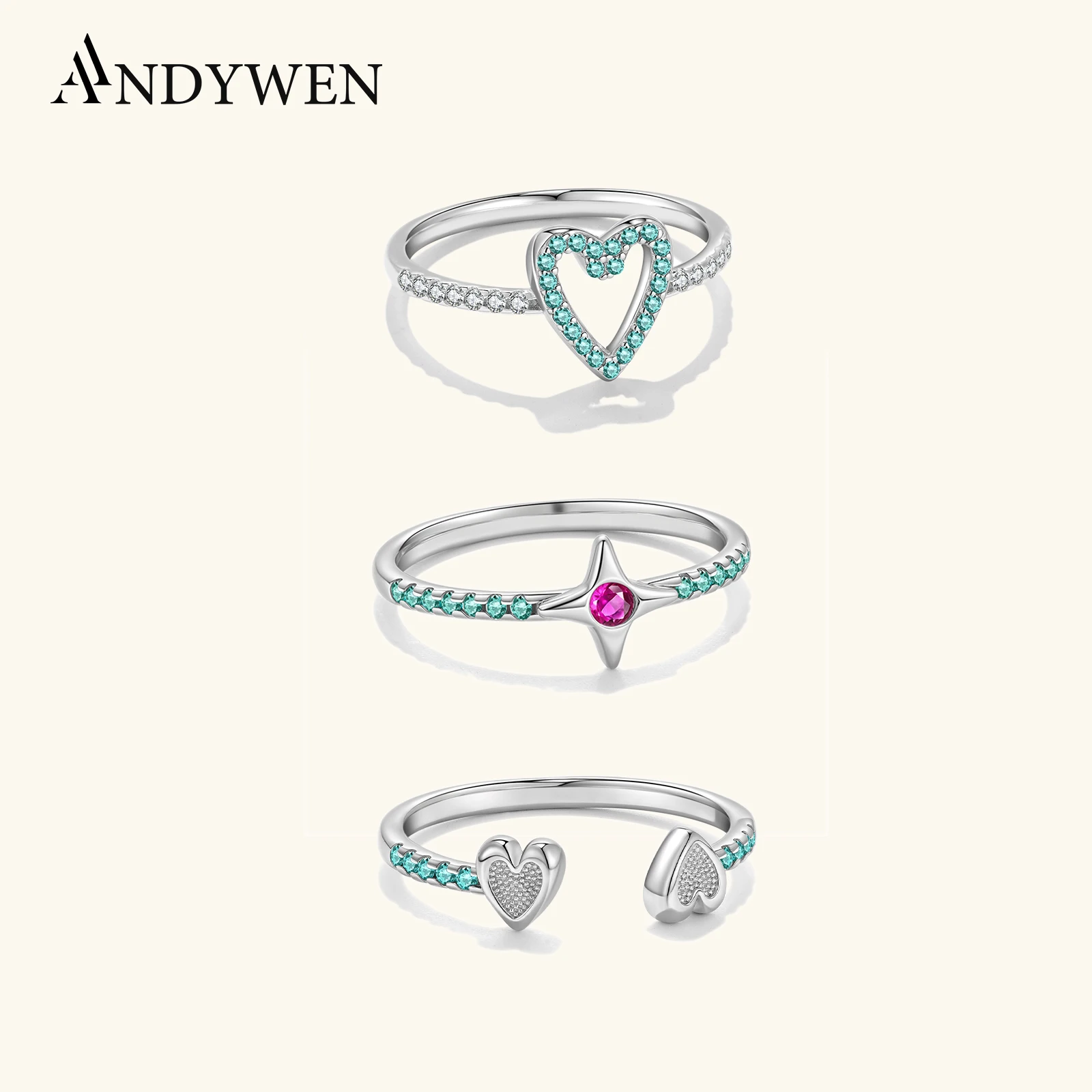 

ANDYWEN 925 Sterling Silver Sweet Heart Star with Green Pink CZ Zircon 2025 Luxury Chic Fashion Jewelry Gift for Women