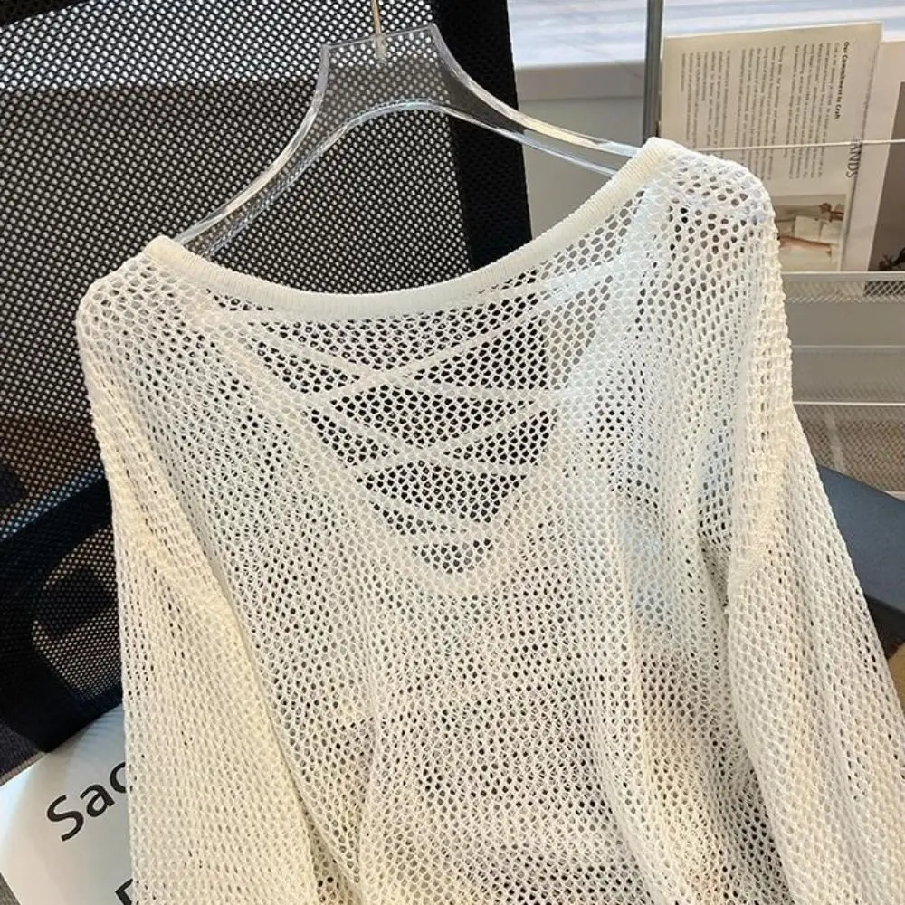 

Stylish Casual Knitted Hollow Pullover Round Neck Beachwear Long Sleeve T Shirt Loose Stripe Crochet Top Women Summer