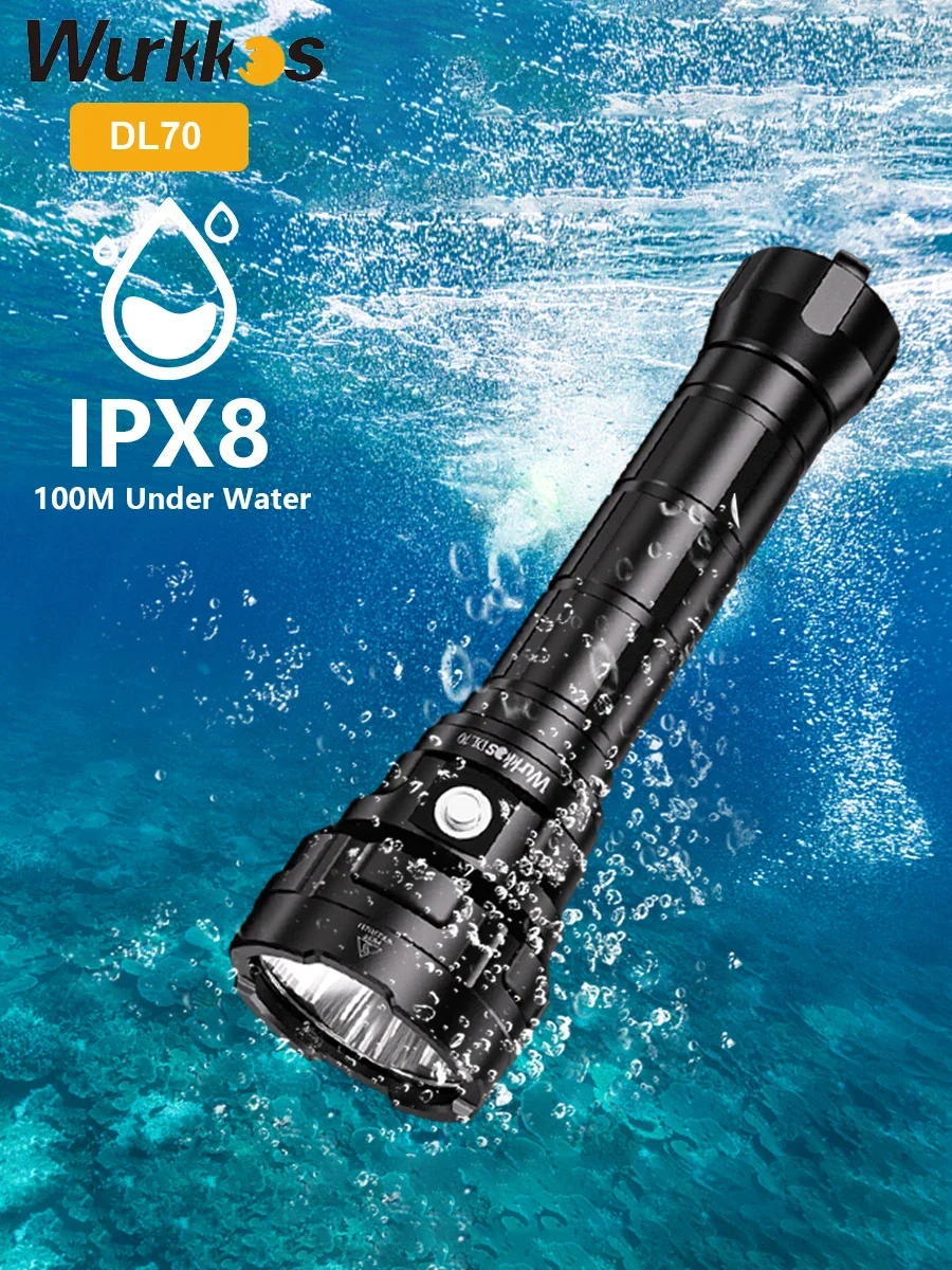 Wurkkos DL70 plongée sous-marine Super lumineuse Double 26650 batterie 13000lm IPX8 étanche plongée sous-marine lumière LED 4 * XHP50B 4 Modes