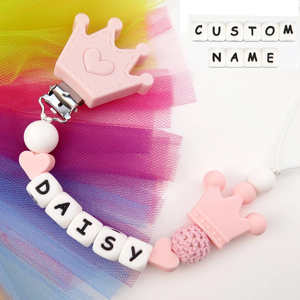 Personalized Name Silicone Crown Pacifier Clip Safe Teething Dummy Chain Eco-friendly Nipple Holder Attachment Baby Shower Gift