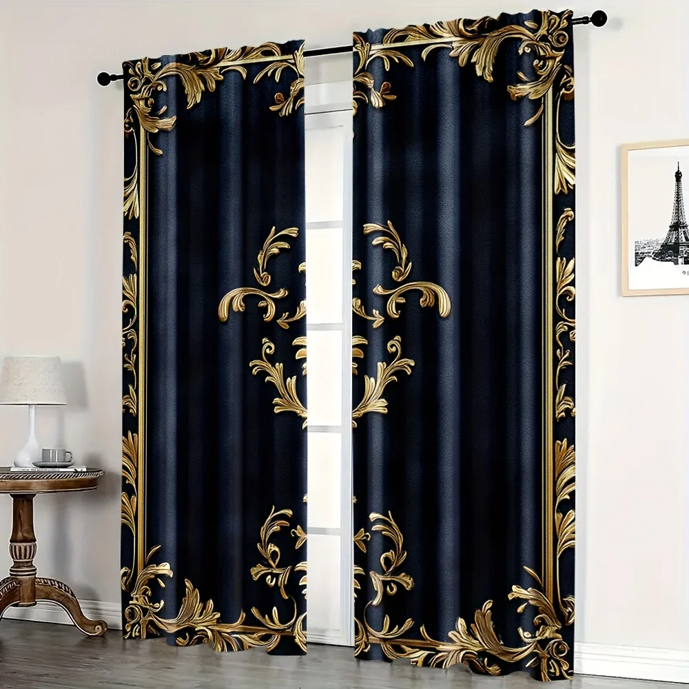 Black and Gold Curtains Elegant Baroque Design Luxury Home Decor Artistic Frame Pattern Window Drapes Fashion Interior Style