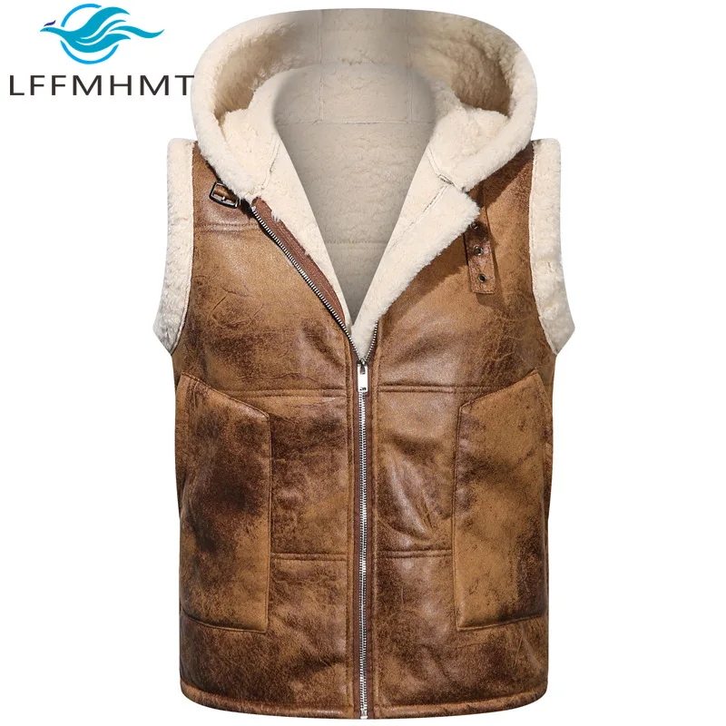 H70 Winter Fashion Cashmere Thicken Warm Hooded Waistcoats for Men Good Quality PU Leather Windprood Large Size Vest Coats Male