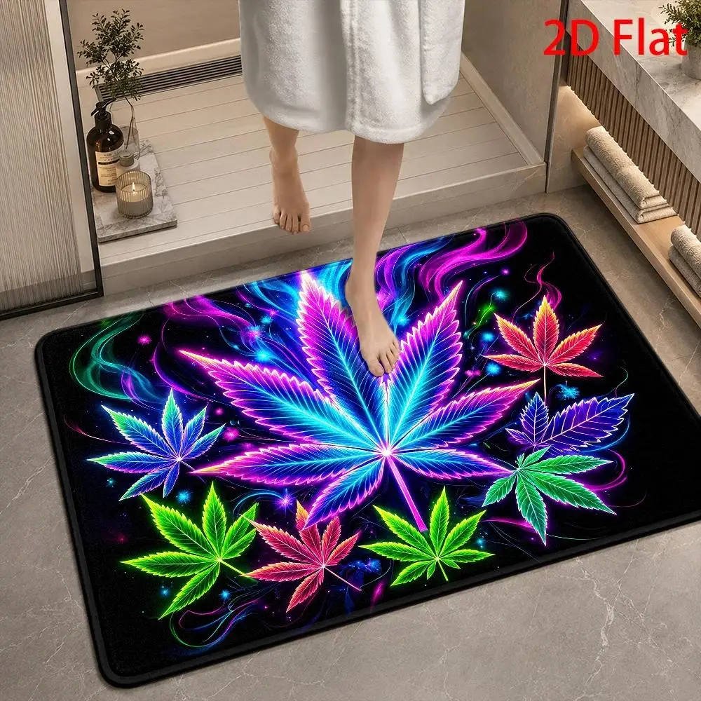 Psychedelic Neon Cannabis Leaf Pattern Floor Mat Rug for Bathroom Bedroom Entrance Boho Decor Trendy Vibrant Botanical Style Hom