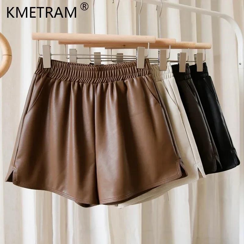 New 2024 Real Leather Shorts for Women Wide Leg Short Women Genuine Sheepskin Leather Pants High Waist Black Shorts Ropa Mujer