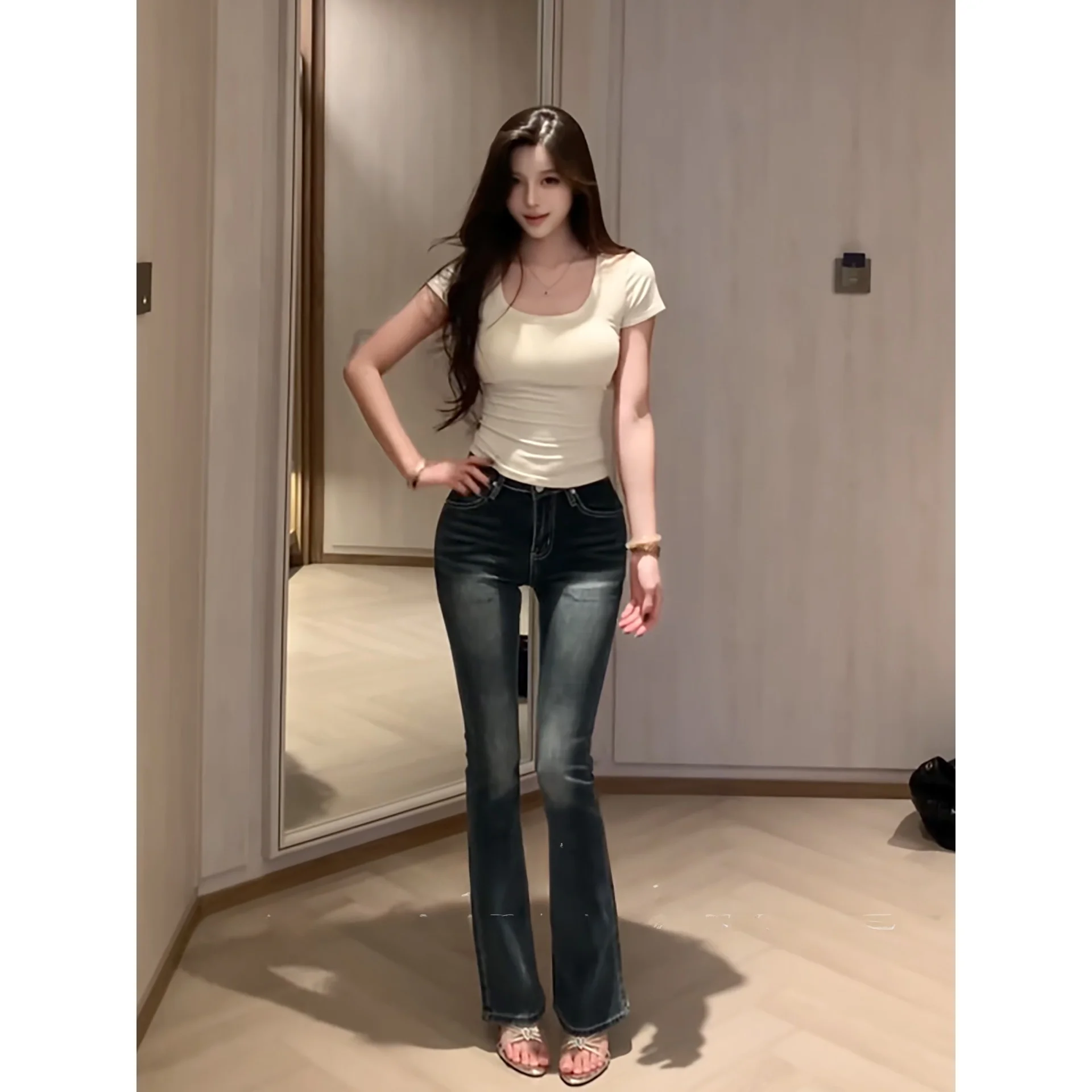 

American Style Sexy Girl High Waist Elastic Slimming Jeans Women's High Waist Elastic Washed Blue Grey Versatile Micro Flared...