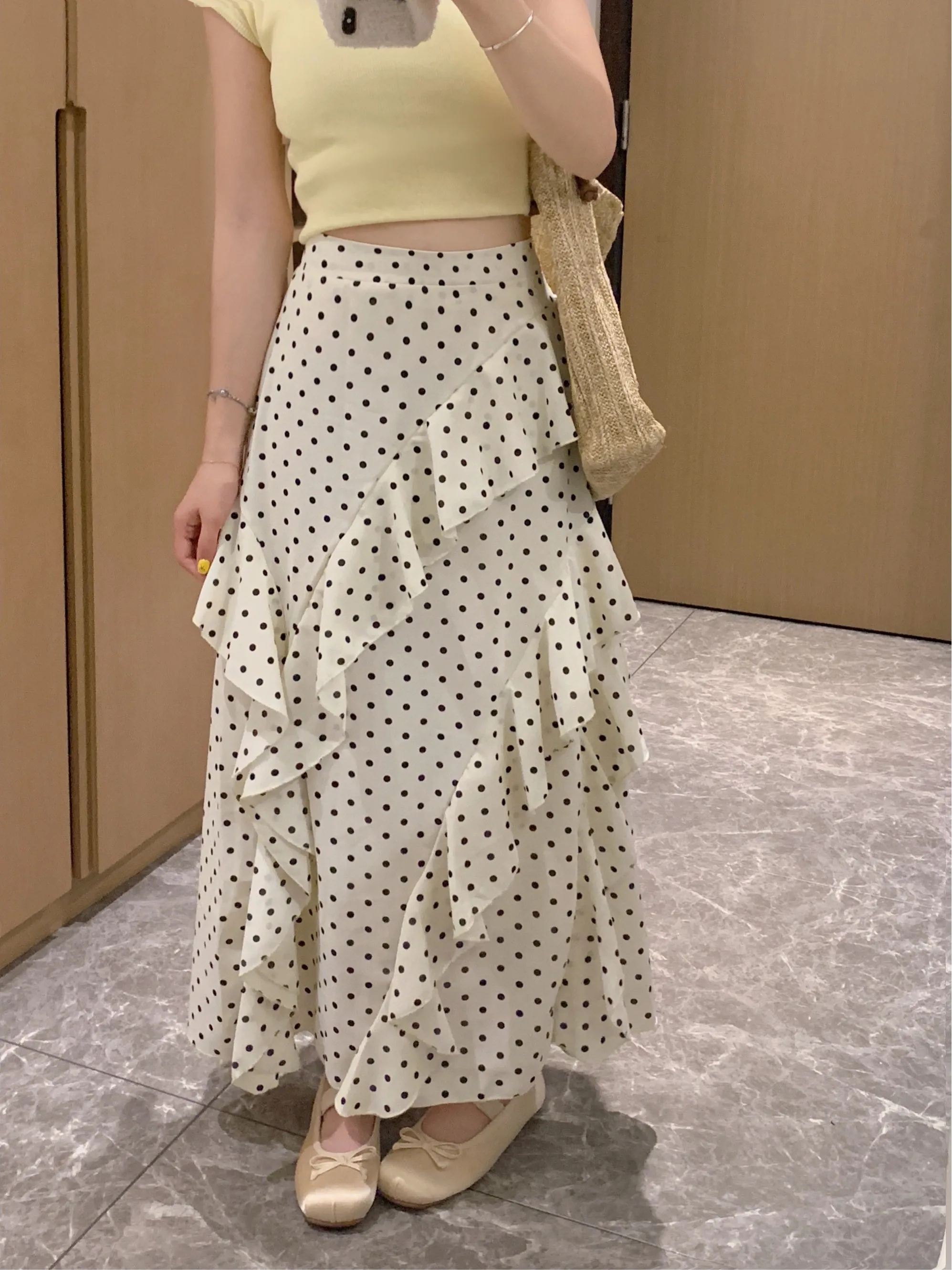

plus Size Summer Polka Dot Asymmetrical A-Line Midi Skirt High Waist Flared Hem Versatile Slimming Korean Style Women's Skirt