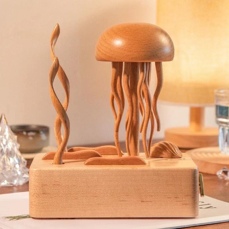 Jellyfish Wooden Mechanical Music Box Creative Wooden Crafts Friends Healing Gifts