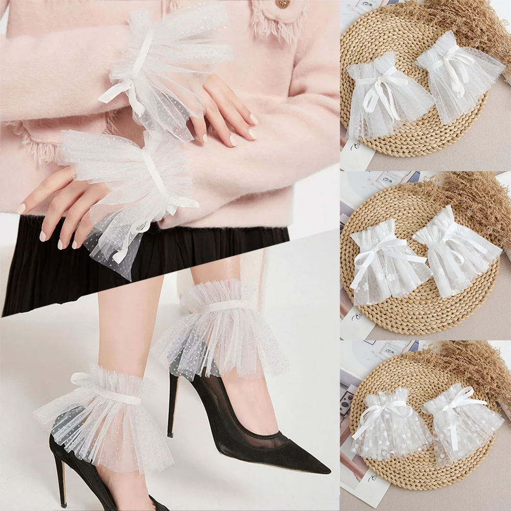 1Pair Detachable Cuffs Lace Mesh Fake Flared Sleeves Women Pleated False Cuffs Wristband Female Sweater Decorative Sleeves