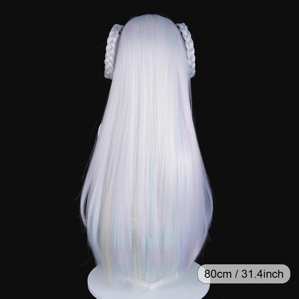 Silver White Ombre Cyan Yellow Highlights Synthetic Long Straight Wigs Middle Part Anime Game Cosplay Braided Clip Wig for Party