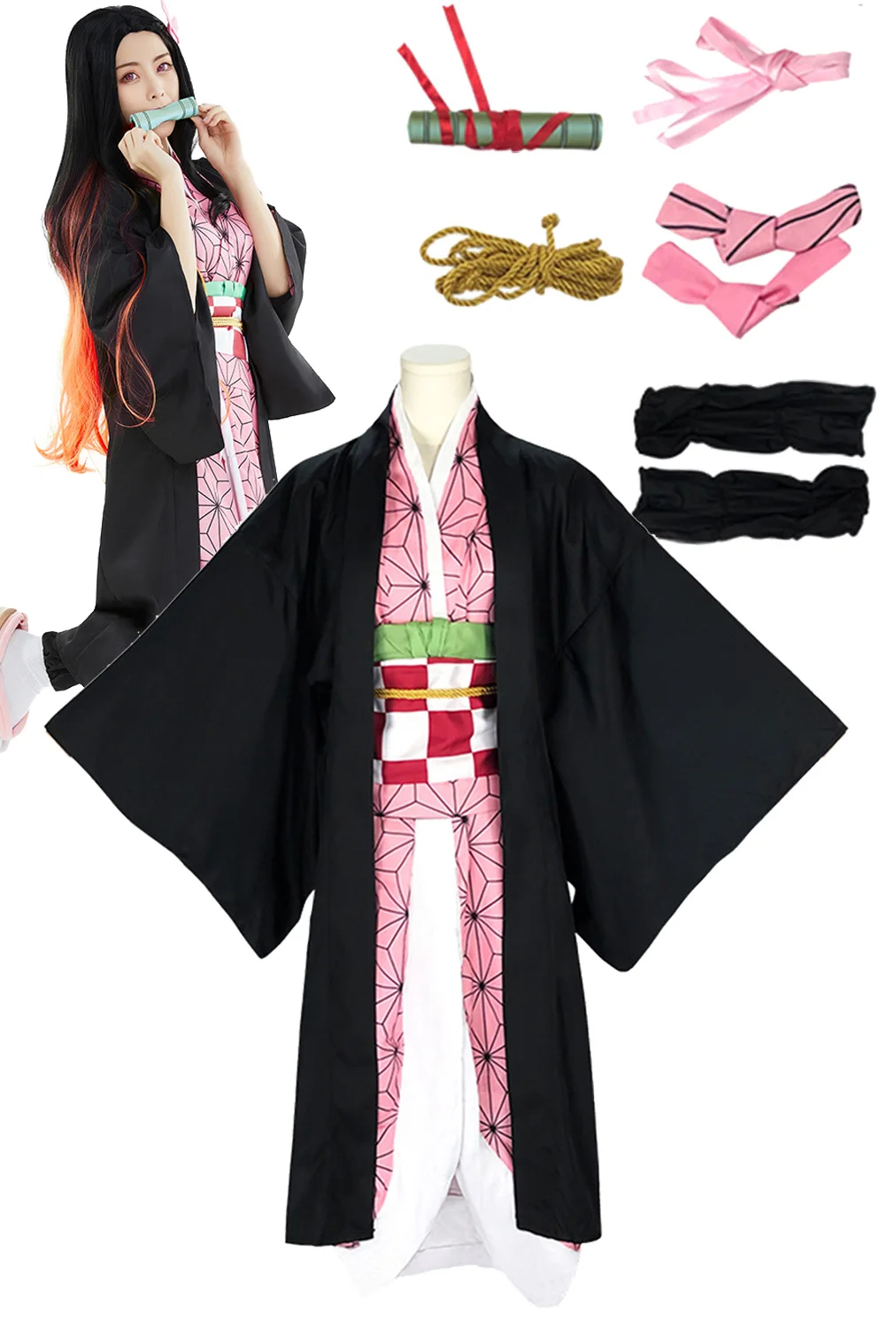 

Nezuko Cosplay Kimono Costume Anime Devil Murderer Disguise Women Headdress Suits Female Roleplay Halloween Party Girls Suits