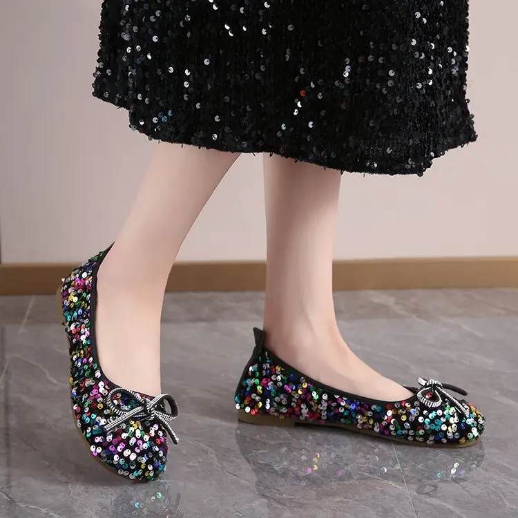2026 Damen Glitzer-Ballerinas Lässige Gehschuhe Frühling Neu Runde Zehenkappe Schleife Modische Marken-Kleiderschuhe Zapatillas Mujer – Detail 15