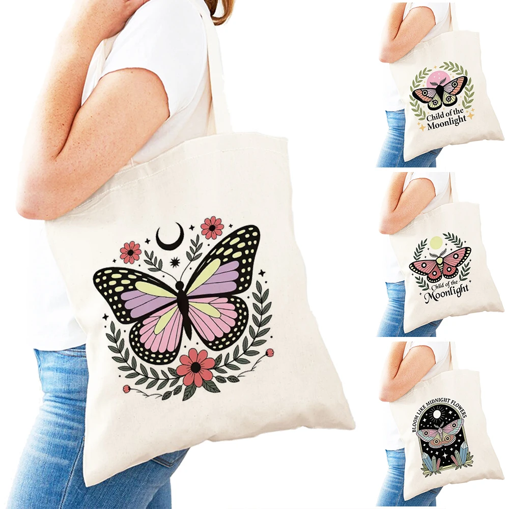 

Casual Butterfly Floral Lady Shopper Bags Double Print Moonlight Moth Women Daily use Shoulder Handbag Crystal Girl Shopping Bag